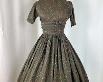 1950s Brown Polka Dot Dress | Size XS Waist 24 | 50s True Vintage Dress | MCM Rockability Day Dress