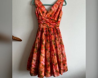 1950s Pink Chiffon Dress, 1950s Floral Chiffon Dress