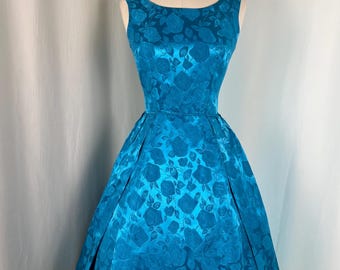 1950s Blue Brocade Dress | Waist 25 Inches | 1950s MCM Party Dress | True Vintage Cocktail Dress