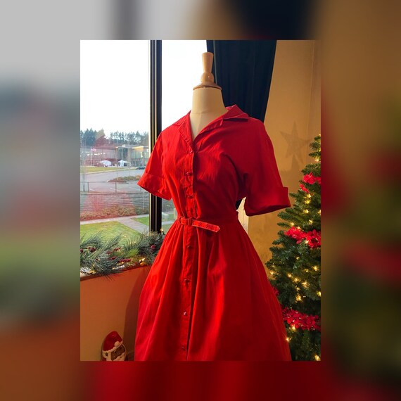 1950s L/XL Red Shirtwaist Dress, 50s Button down D