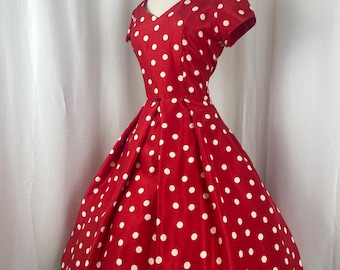 80s / 90s Red Polka Dot Dress | Size Medium w30 | R & K Originals True Vintage Dress | 80s does 50s MCM Style Dress