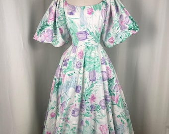 1980s Victor Costa Tulip Dress | Medium Waist 30 | 80s does 50s Fit and Flare Dress