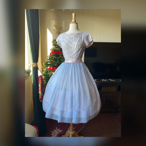 1950s Powder Blue and Light Pink Chiffon Party Dre
