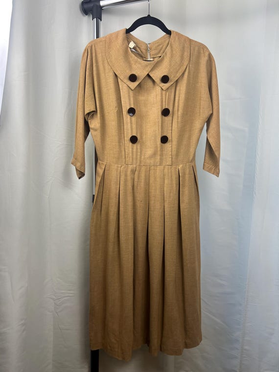1950s Brown Day Dress, 1950s Tan Button Dress, 1950s Autumn Dress, 1950s Fall Dress, 1950s Dress Medium, 1950s Casual Dress, Vintage 50s