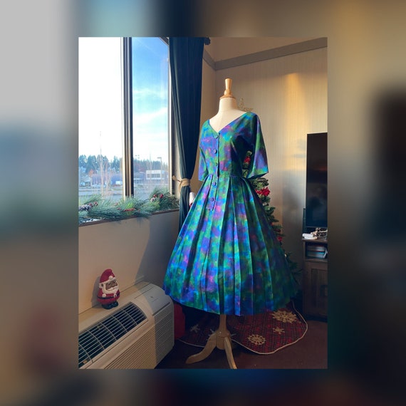 1950s Large Watercolor Day Dress, 50s Rainbow Dres