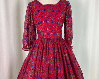 Vintage Red Party Dress | Small Waist 27.5 | 50s Fit and Flare Embroidered Dress | True Vintage Holiday Dress