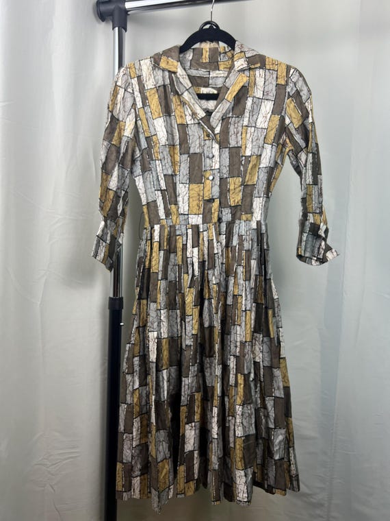 1950s Plaid Dress, 1950s Abstract Dress, 1950s Shirtwaist Dress, 1950s Geometric Dress, 1950s Dress XS, 1950s Day Dress, Vintage 50s