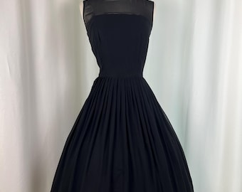 1950s Black Chiffon Dress | Medium Waist 28 | 50s Fit and Flare Cocktail Dress