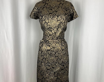 1950s Vintage Gold Wiggle Dress | Size Medium w30 | Midcentury Cocktail Dress | True Vintage Dress