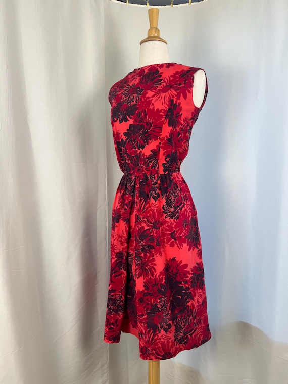 1950s Red Dress, 50s Floral Dress, 1950s Day Dress, 1950s Vintage Dress, 1950s Red Floral Dress, 1950s Sleeveless Dress, 50s Red Dress