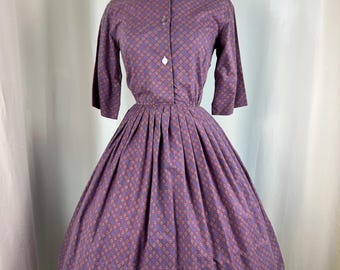 1950s Purple Floral Shirtwaist Dress | Size Small w26 | True Vintage Fall Dress | Midcentury Day Dress