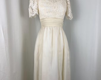 Vintage witte jurk, vintage trouwjurk, witte feestjurk, vintage chiffonjurk, vintage jurk met kralen, vintage kanten jurk