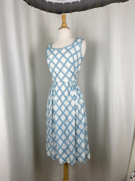 1950s Geometric Dress, 1950s Summer Dress, 1950s Day Dress, 1950s White Dress, 1950s Blue Dress, 1950s Spring Dress, 1950s Easter Dress