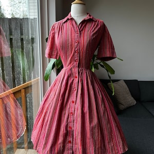 1950s Striped Swiss Dot Day Dress, 1950s Swiss Dot Dress, 1950s Striped Dress