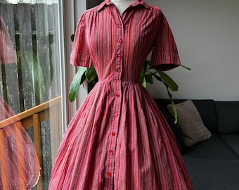 1950s Striped Swiss Dot Day Dress, 1950s Swiss Dot Dress, 1950s Striped Dress