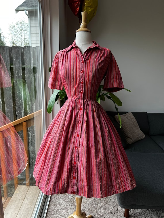 1950s Striped Swiss Dot Day Dress, 1950s Swiss Do… - image 2