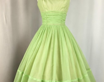 1950s Green Chiffon Dress | XS Waist 24 | 50s Prom Party Dress | True Vintage MCM Dress