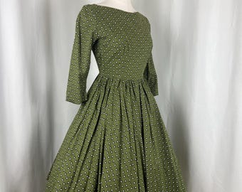Groene jurk jaren 1950, lentejurk jaren 50, vintage jurk jaren 1950, XS-jurk jaren 1950, bloemenjurk jaren 50, korte jurk jaren 50, jurk jaren 1950, jaren 50 fit and flare
