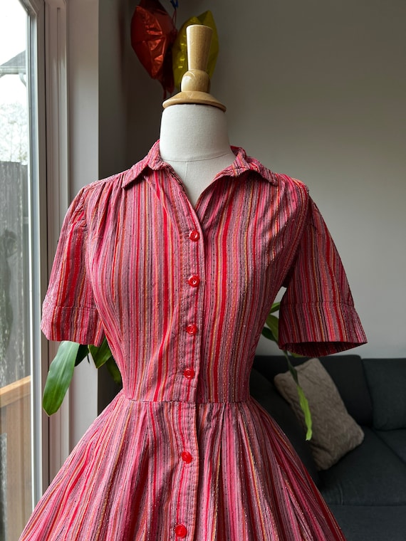 1950s Striped Swiss Dot Day Dress, 1950s Swiss Do… - image 3