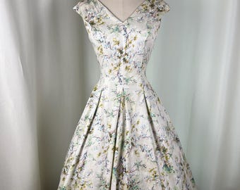 1950s Cherry Blossom Summer Dress | Small Waist 27.5 | 50s Floral Fit and Flare Day Dress | Rockability Retro Midcentury Dress