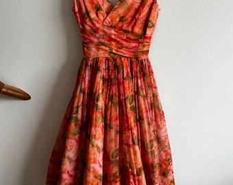 1950s Pink Chiffon Dress, 1950s Floral Chiffon Dress