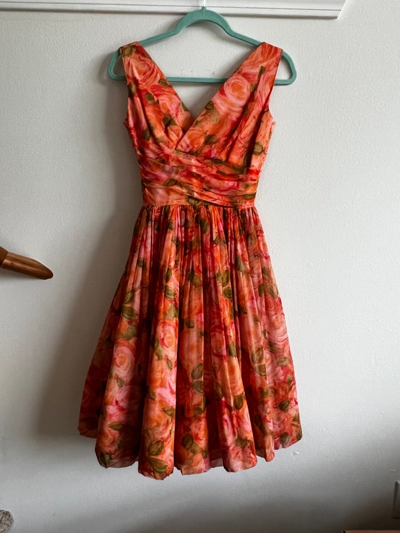 Small 1950s Pink Coral Prom Dress Bead Embellished Ruched Chiffon Bodice