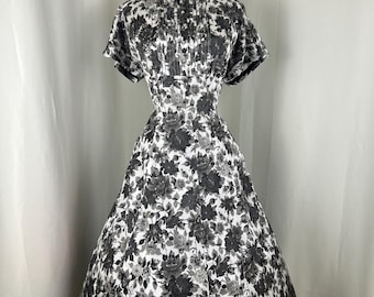 1950s Black Rose Evening Dress | Size XL Waist 38.5 | 50s Floral Fit and Flare Day Dress | Rockability Retro Midcentury Dress