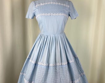 1960s Pastel Blue Day Dress | XS Waist 24 | Fit and Flare Casual Summer Dress | MCM Rocability Blue Cotton Dress