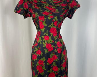 1950s Silk Red Rose Wiggle Dress | Medium Waist 30 | 50s Floral Cocktail Dress