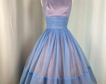 1950s Blue Chiffon Dress | Small Waist 26.5 | 50s Purple Blue Party Dress | True Vintage MCM Dress