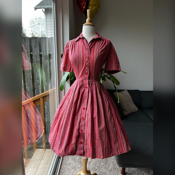 1950s Striped Swiss Dot Day Dress, 1950s Swiss Do… - image 1