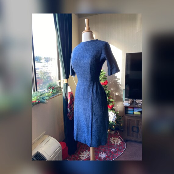 1950s Small Blue Wool Dress, 50s Winter Dress,