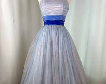 1950s Blue Chiffon Dress | Small Waist 25 | 50s Royal Blue and Periwinkle Prom Dress | True Vintage MCM Dress