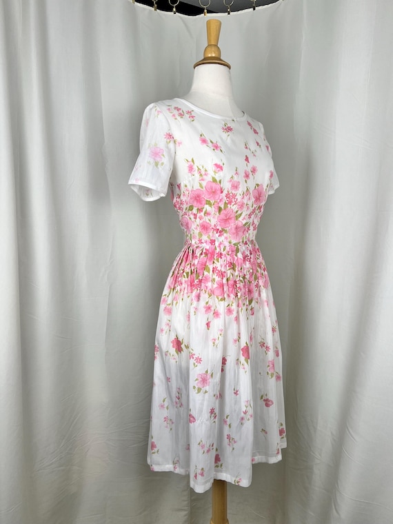 1950s Pink Dress, 1950s Floral Dress, 1950s White… - image 1