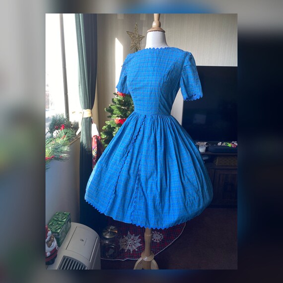 1950s XS Plaid Blue Day Dress, 50s Swiss Dot Day D