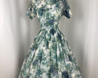 1950s Floral Chiffon Dress | Small w27| 1950s Blue and Green Party Dress | 50s MCM Prom Cocktail Dres