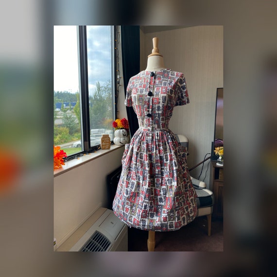 1950s Medium Novelty Print Dress, 50s Day Dress wi