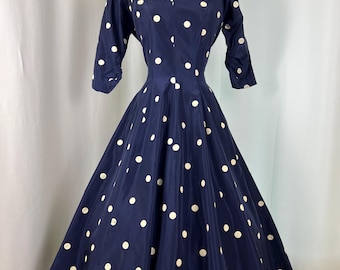 1950s Navy Blue Polka Dot Dress | Small Waist 28 | 50s True Vintage Dress | MCM Rockability Day Dress | Patio ‘N Party