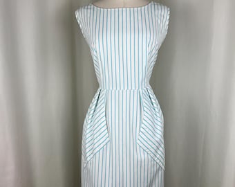 1950s Striped Day Dress | Large Waist 33 50s Fit and Flare Casual Summer Dress | MCM Rocability Blue and White Dress