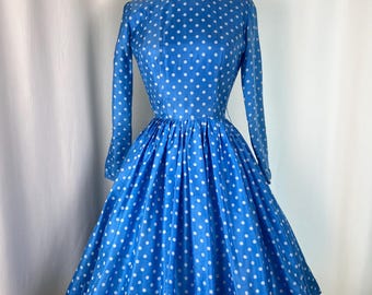 1950s Bright Blue Polka Dot Dress | Size XS | 50s True Vintage Dress | MCM Rockability Day Dress