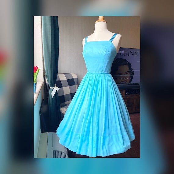 1950s XS Blue Chiffon Dress, Aqua 50s Blue Dress,
