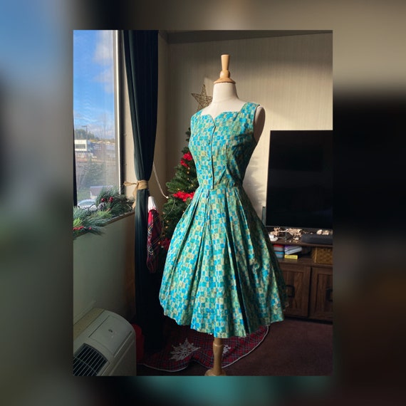 1950s Geometric Blue and Green Day Dress