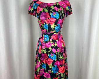 1960s Silk Malcom Starr Tulip Dress | Small Waist 27 | 60s Floral Wiggle Dress | MCM Summer Colorful Dress