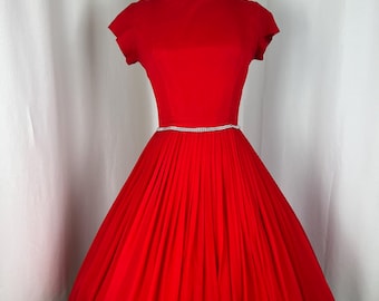 1950s Ruby Red Chiffon Dress | 50s Cocktail Party Dress | Small Waist 26 Prom Dress