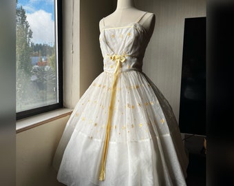 1950s White Floral Chiffon Dress