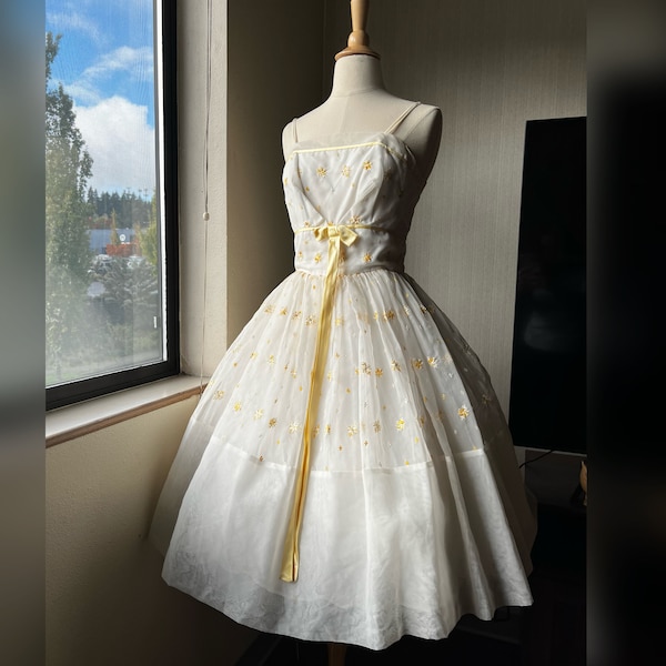 1950s White Floral Chiffon Dress