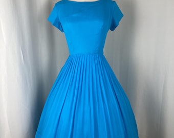 1950s Aqua Blue Chiffon Dress | Small Waist 27 | 50s Blue Party Dress | True Vintage MCM Dress