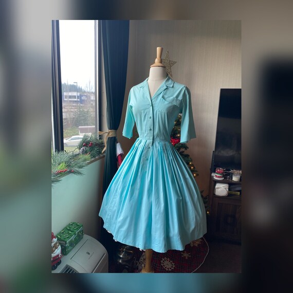 1950s Small Aqua Day Dress, 1950s Blue Shirtwaist
