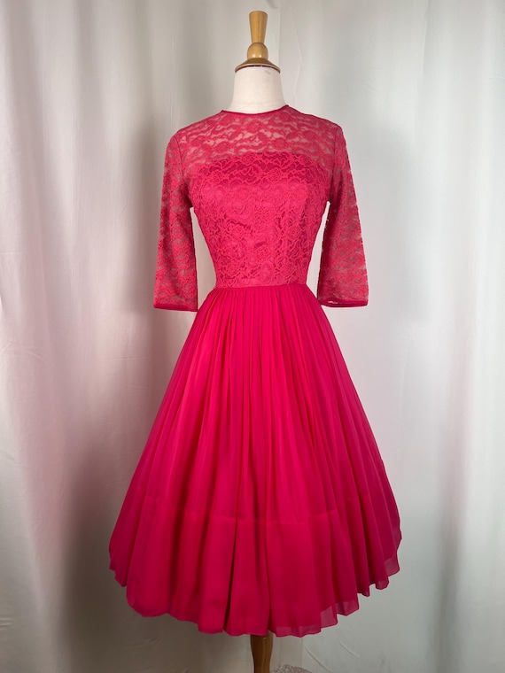 cocktail / party hot pink dress 1960s Chiffon | Size Small W25 | 60s Prom Party Dress | MCM True Vintage Dress cute hot pink short dresses