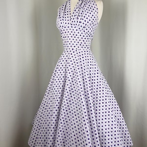 1950s Vintage Purple Rose Floral Dress | Fits Size Small w25 | True Vintage White Summer Day Dress | 50s Halter Rockability Swing Dress